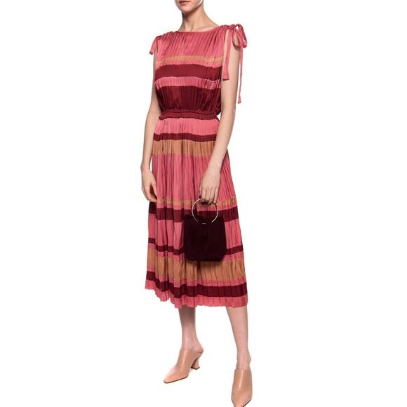 $878 Ulla Johnson - Alessa Dress in CeriseStriped Pleated Plissé Midi Sz 2 - Picture 7 of 16